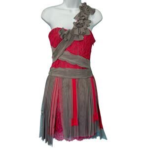 BCBGMAXAZRIA Runway Pink Lace Gray Mesh Ribbon Floral One Shoulder Dress Size 0